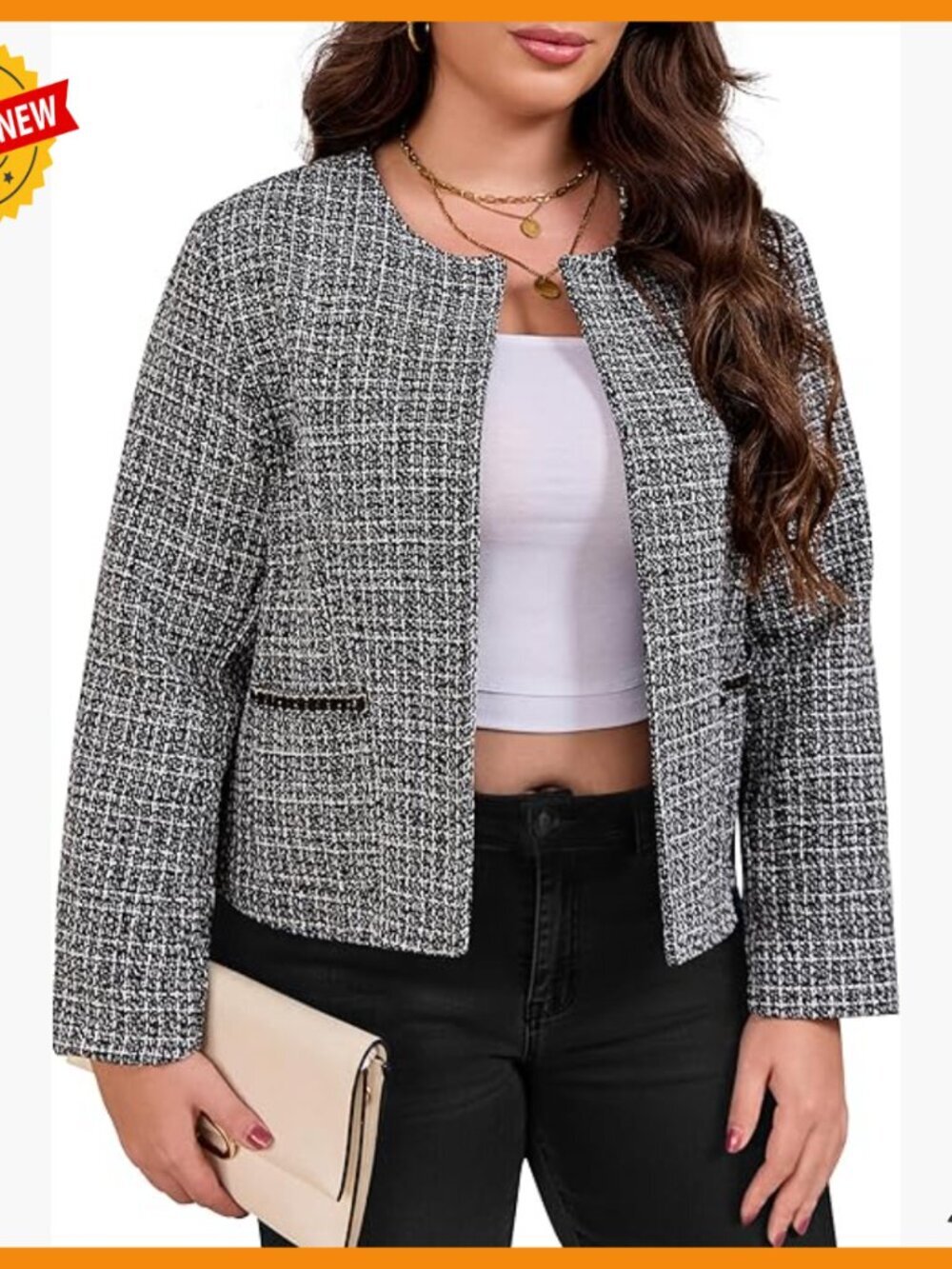 Plus Size Tweed Blazer Collarless Open Front Work Business Casual Jacket